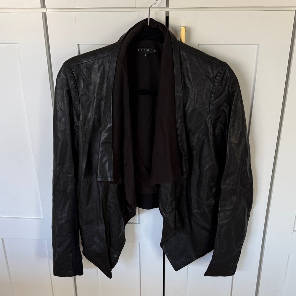Theory Black Leather Draped Open-Front Jacket